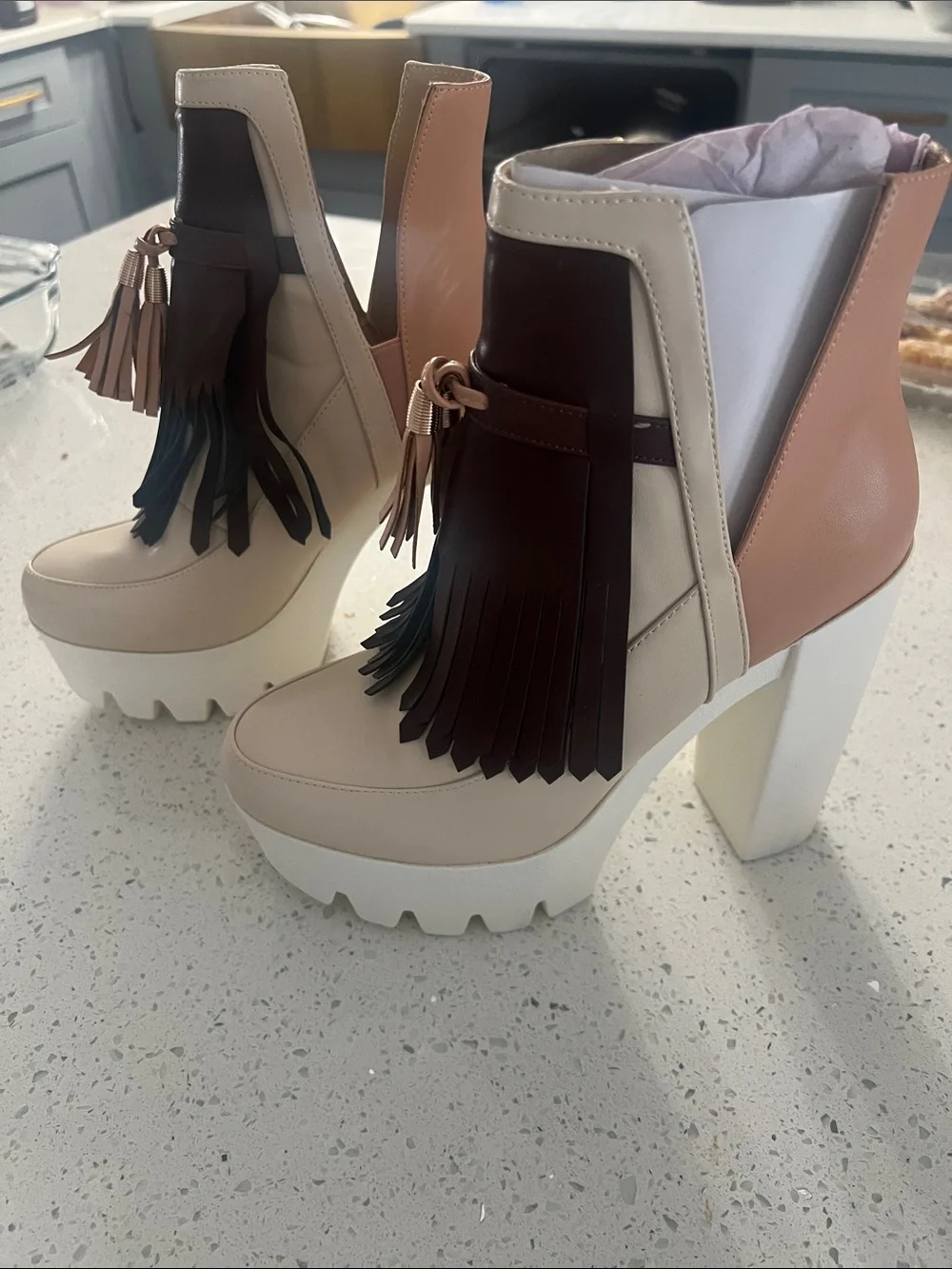 Fringe Tassel Platform Ankle Boots - Beige & Brown